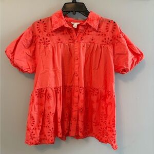 Cato Coral Button-Up Embroidered Blouse